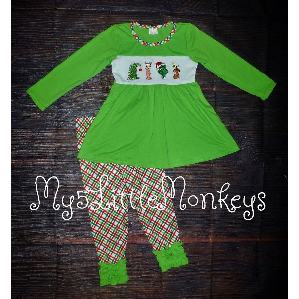 Grinch Who Stole Christmas Girls Embroidered Ruffle Leggings Outfit Set